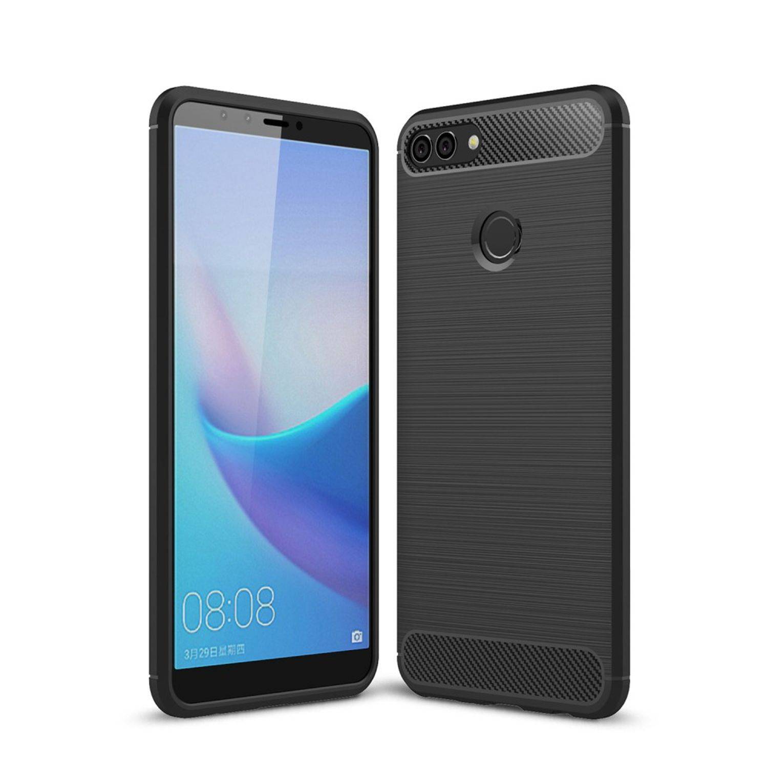 Huawei Y9 (2018) Handyhülle Carbon Optik Backcover Schwarz