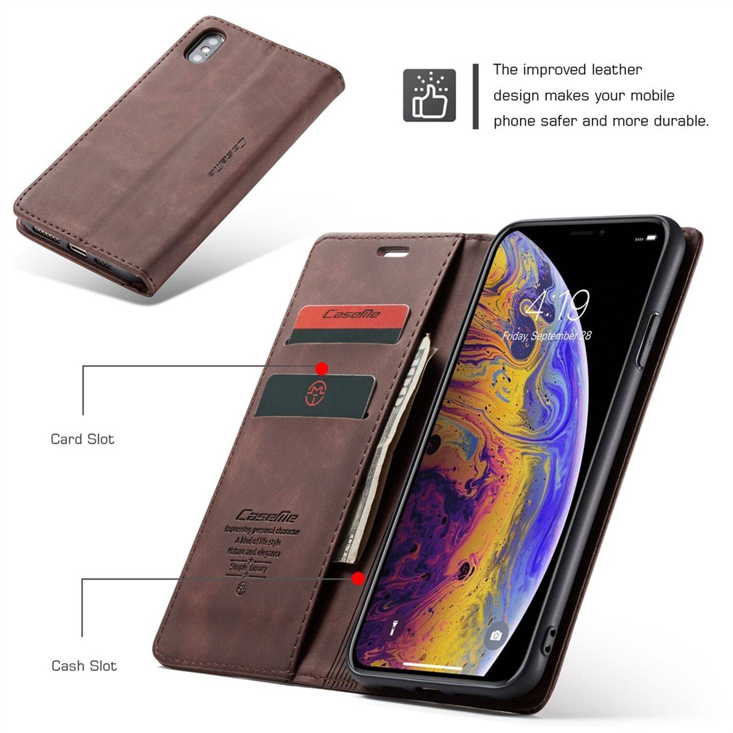Hülle kompatibel mit Apple iPhone XS Max Kunstleder Handyhülle - Handy Case Braun