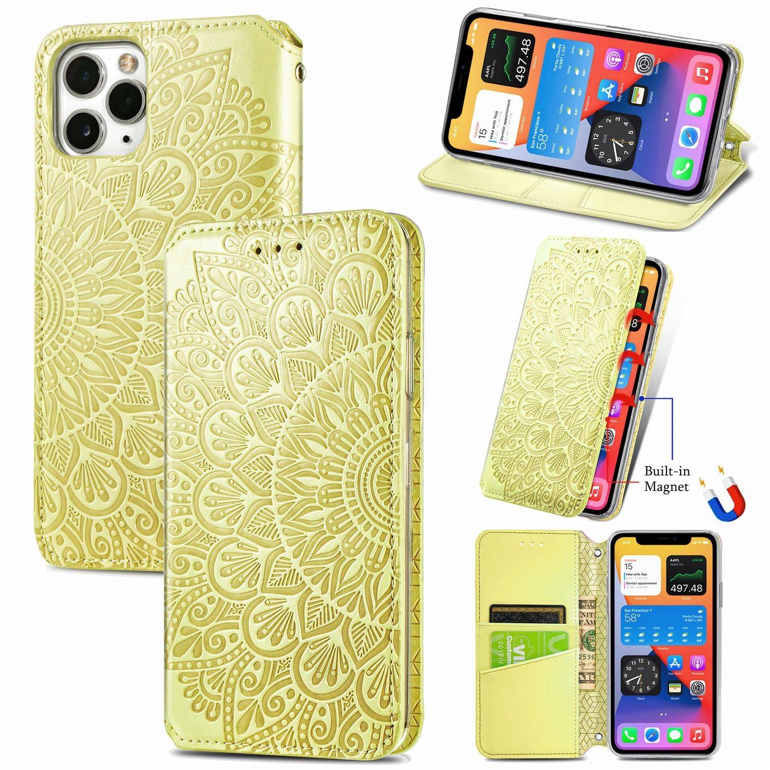 Apple iPhone 11 Pro Max Handyhülle Schutztasche Mandala Bookcover Gelb