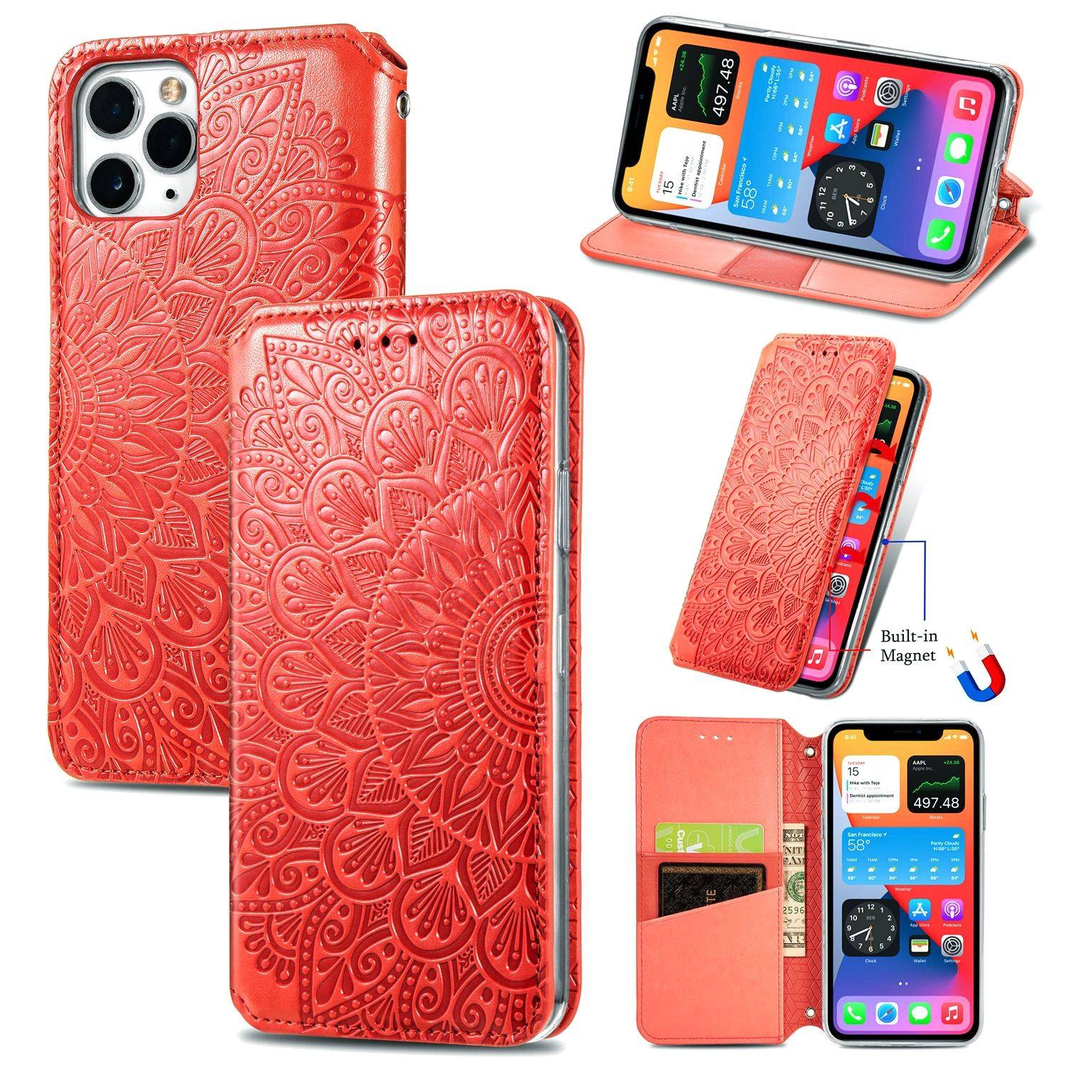 Apple iPhone 11 Pro Max Handyhülle Schutztasche Mandala Bookcover Rot