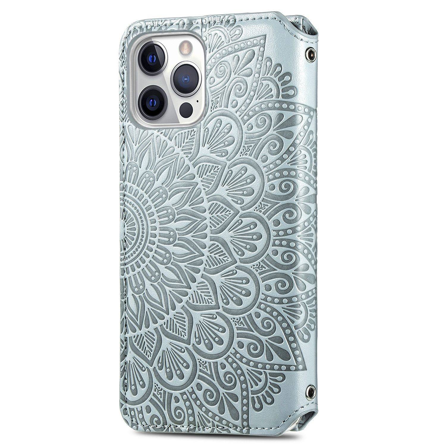 Apple iPhone 12 Mini Handyhülle Schutztasche Mandala Bookcover Grau