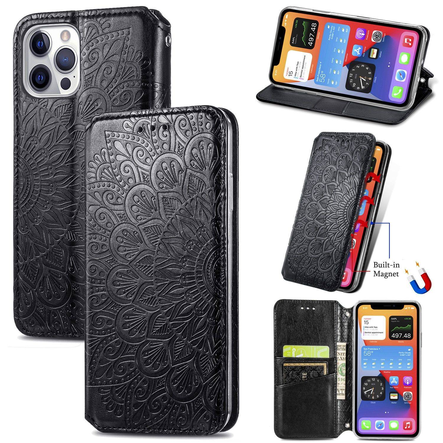Apple iPhone 12 Mini Handyhülle Schutztasche Mandala Bookcover Schwarz