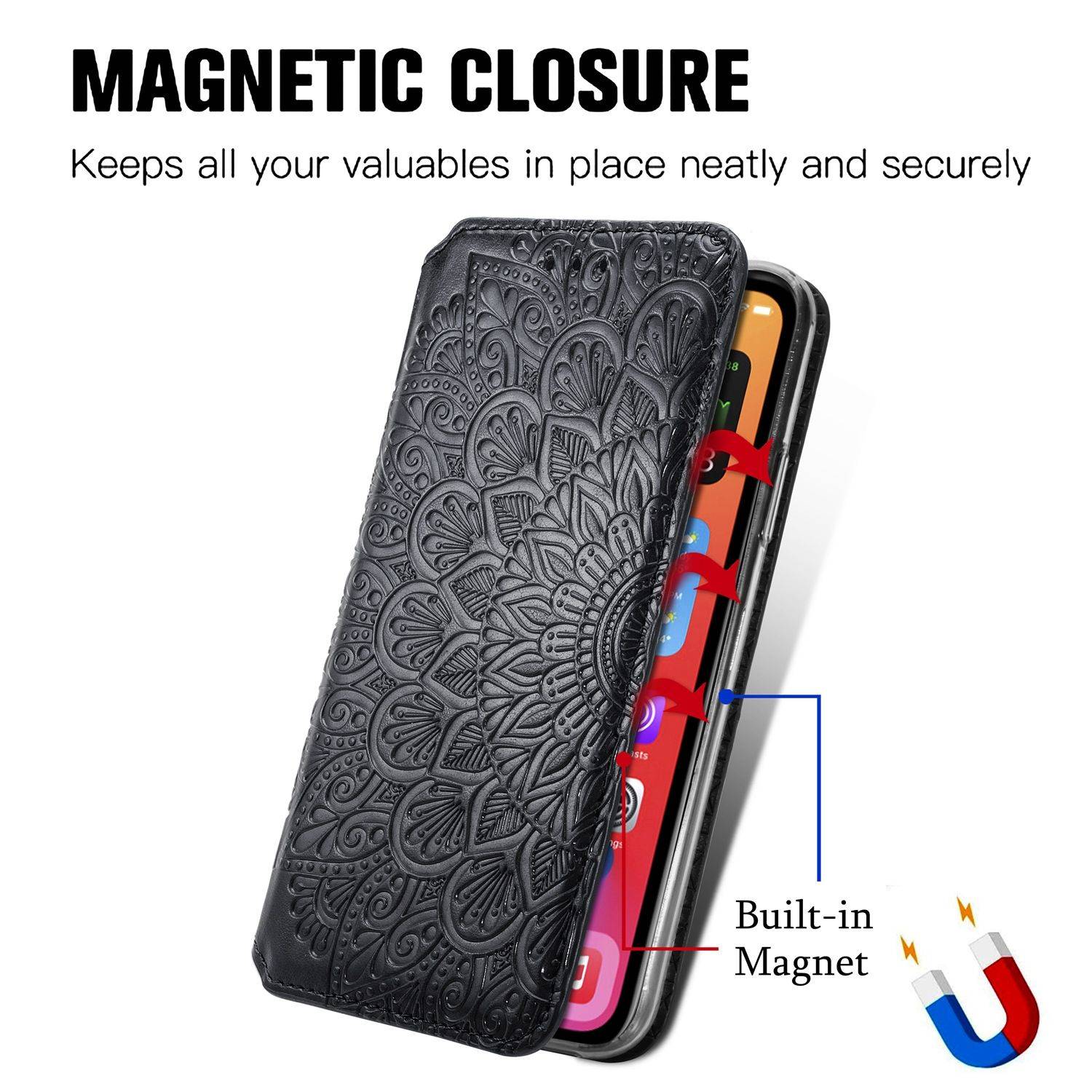 Apple iPhone 12 Mini Handyhülle Schutztasche Mandala Bookcover Schwarz