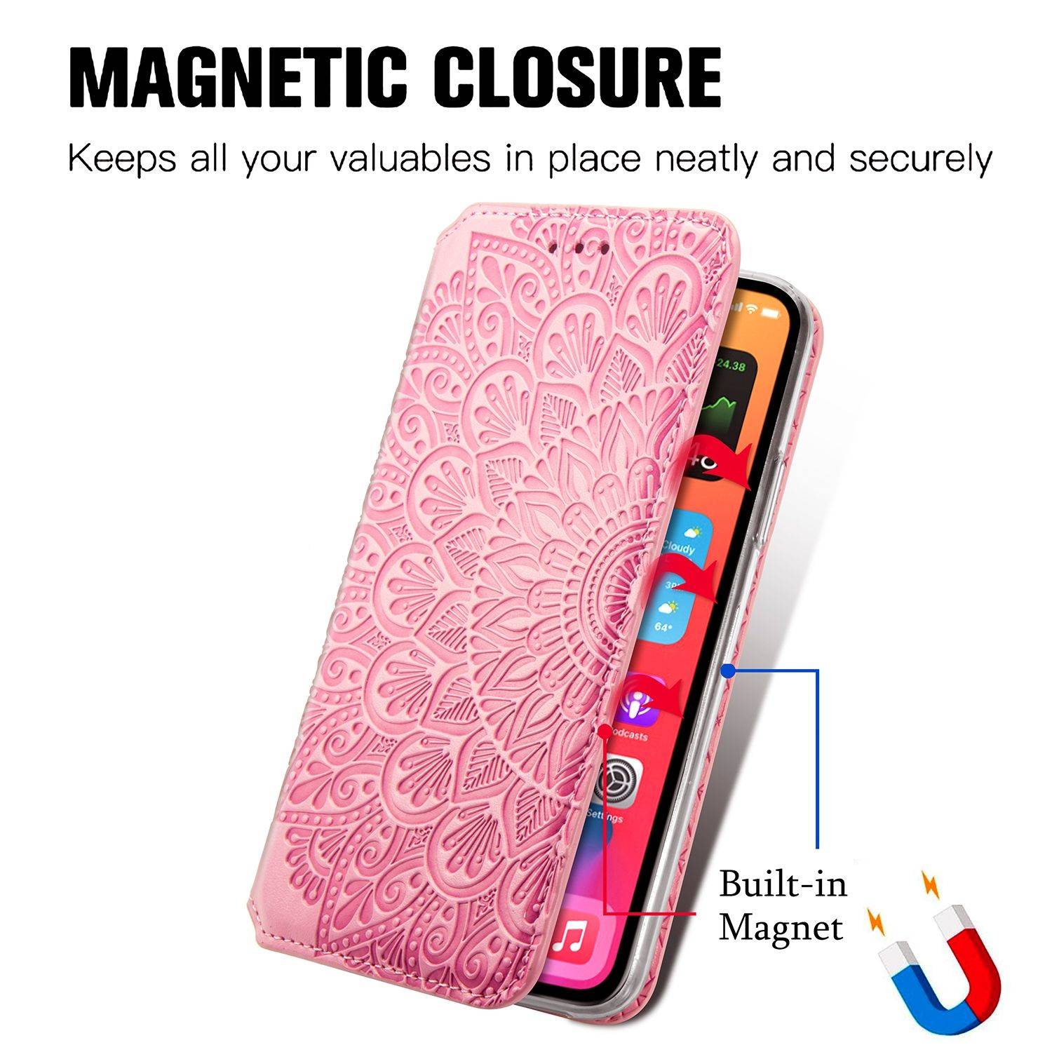 Apple iPhone 12 Mini Handyhülle Schutztasche Mandala Bookcover Rosa