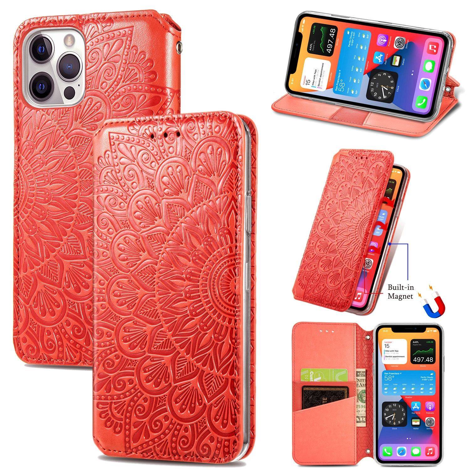 Apple iPhone 12 Mini Handyhülle Schutztasche Mandala Bookcover Rot