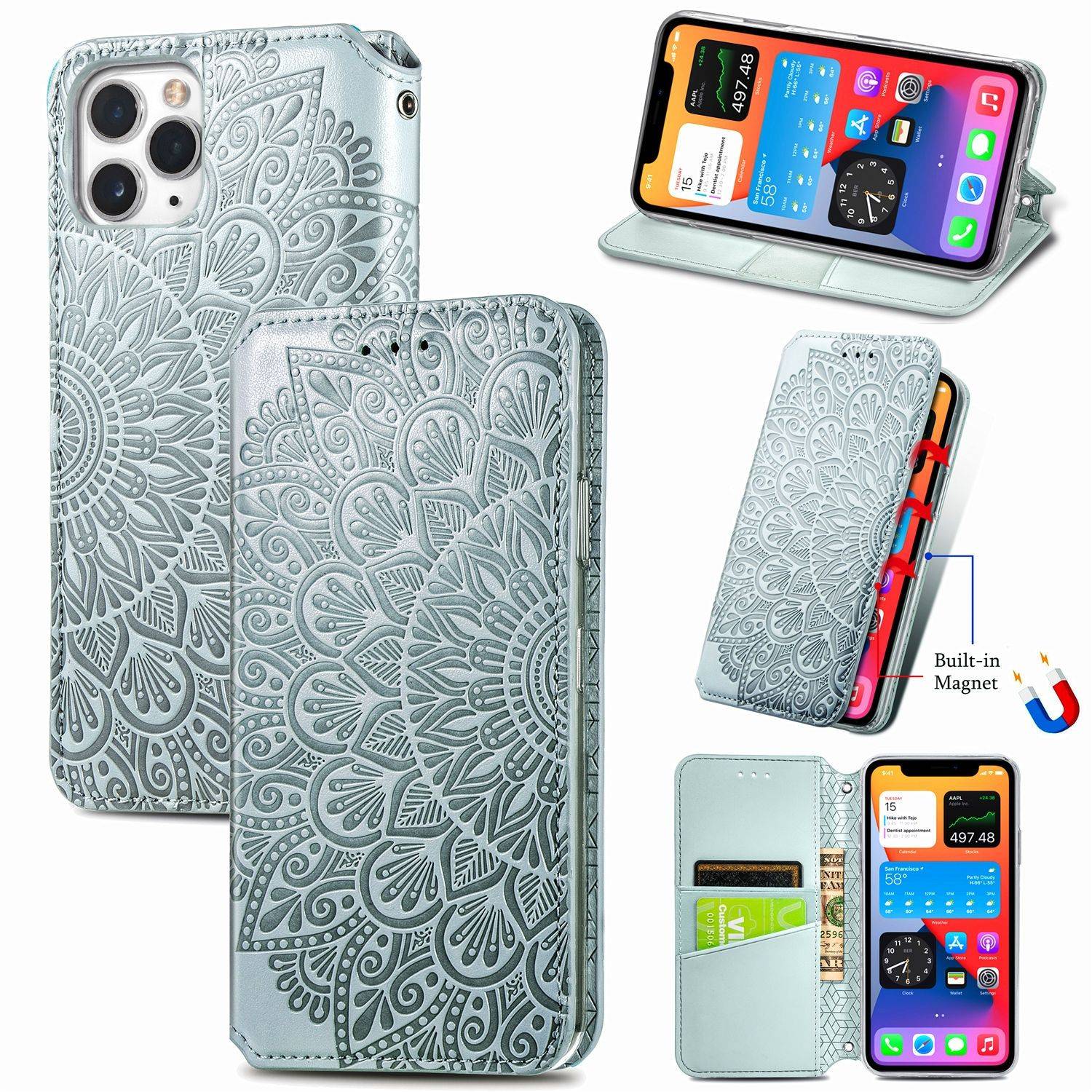 Apple iPhone 11 Pro Max Handyhülle Schutztasche Mandala Bookcover Grau
