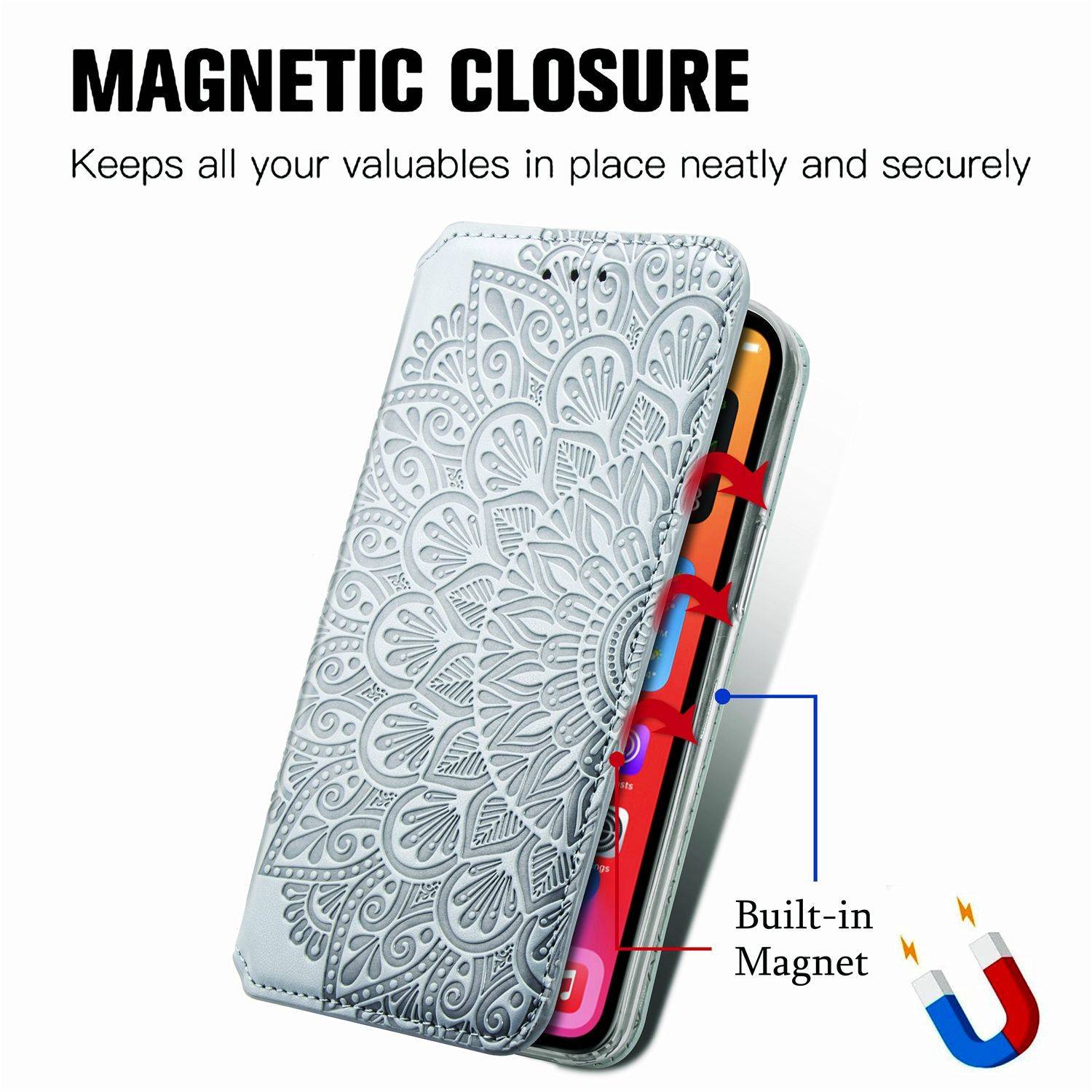 Apple iPhone 11 Pro Max Handyhülle Schutztasche Mandala Bookcover Grau