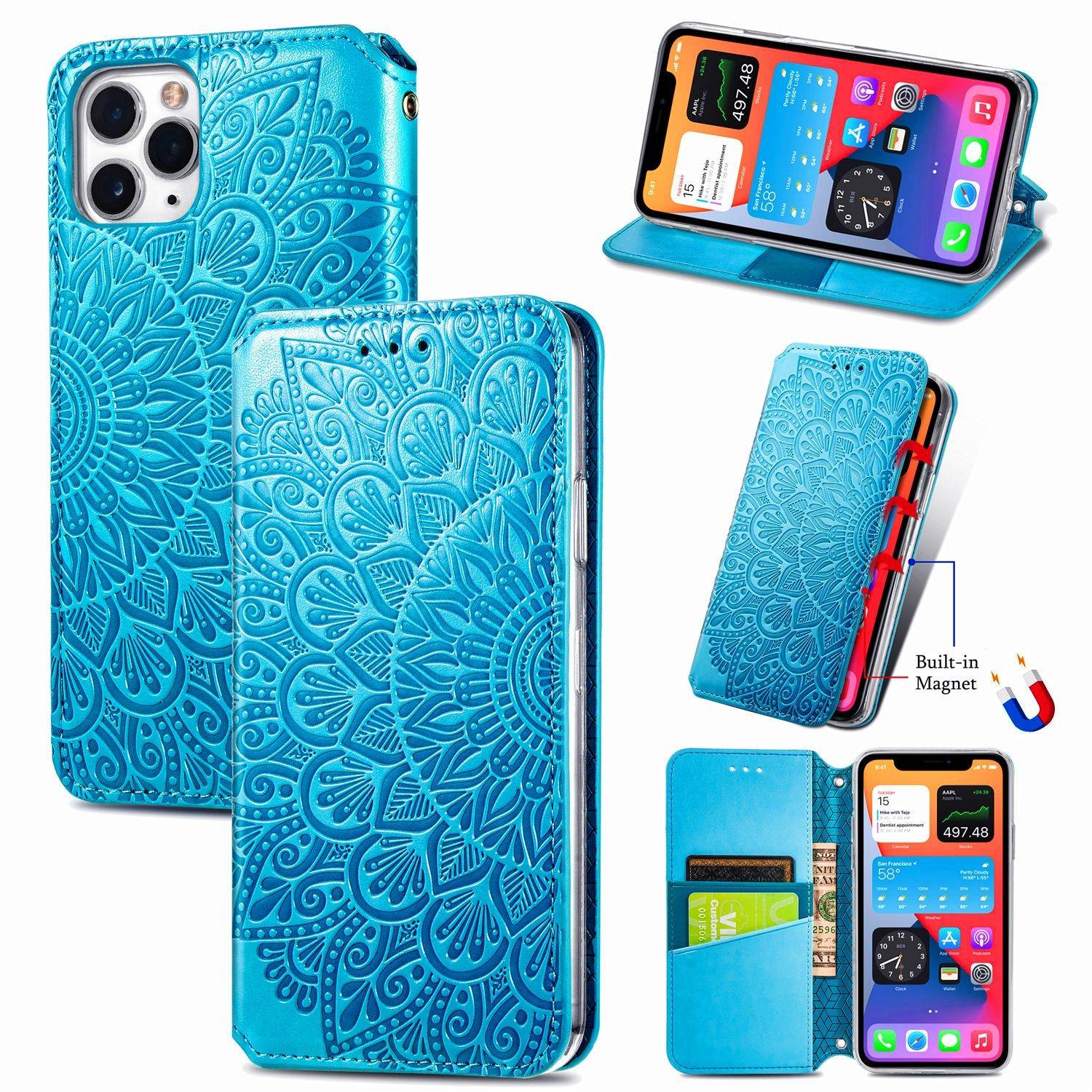 Apple iPhone 11 Pro Handyhülle Schutztasche Mandala Bookcover Blau