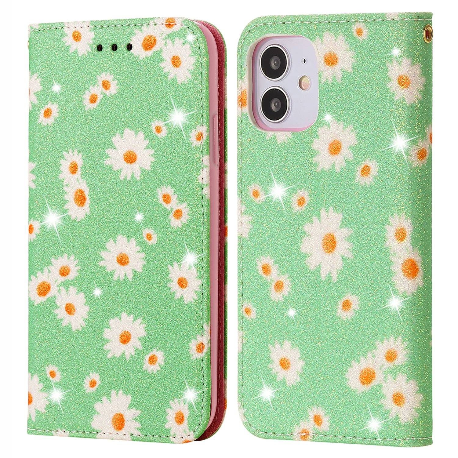 Apple iPhone 12 Mini Handyhülle Schutzcase Blumen Bookcover Grün