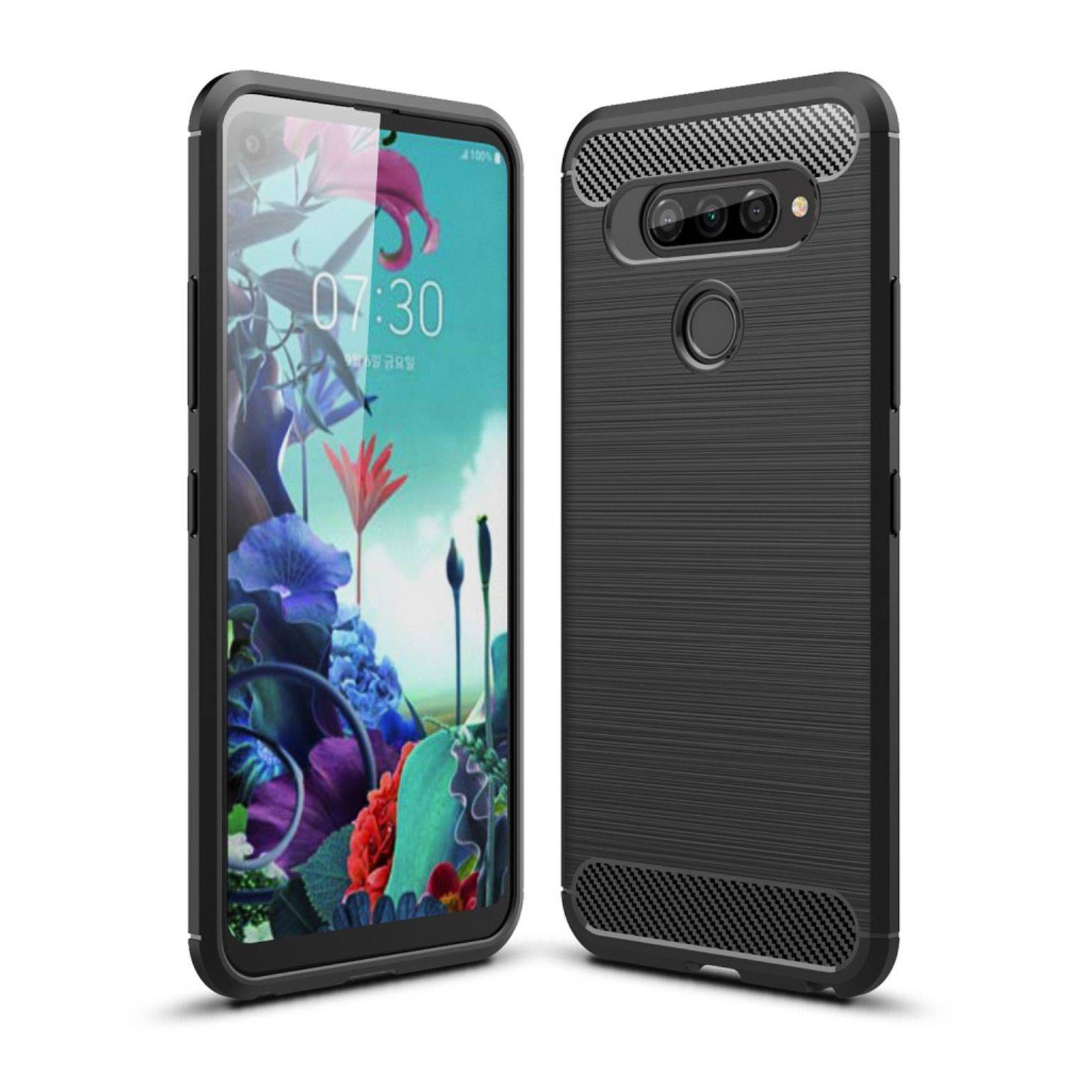LG Q70 Handyhülle Carbon Optik Backcover Schwarz