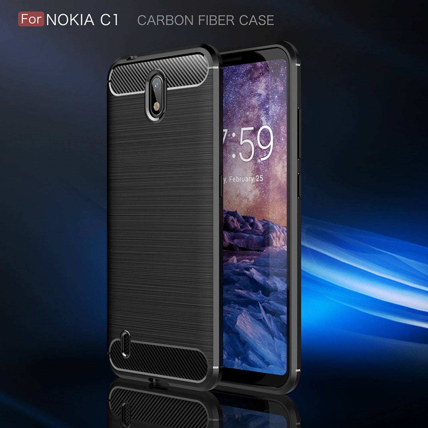 Nokia C1 Handyhülle Carbon Optik Backcover Blau