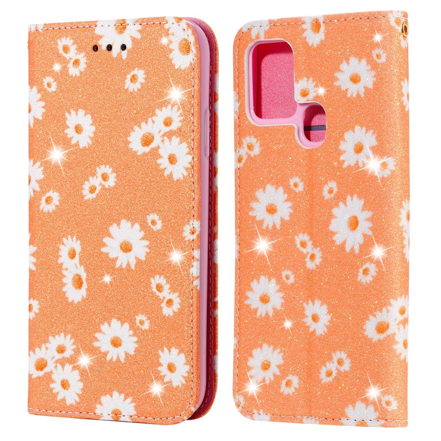 Samsung Galaxy A21s Handyhülle Schutzcase Blumen Bookcover Orange