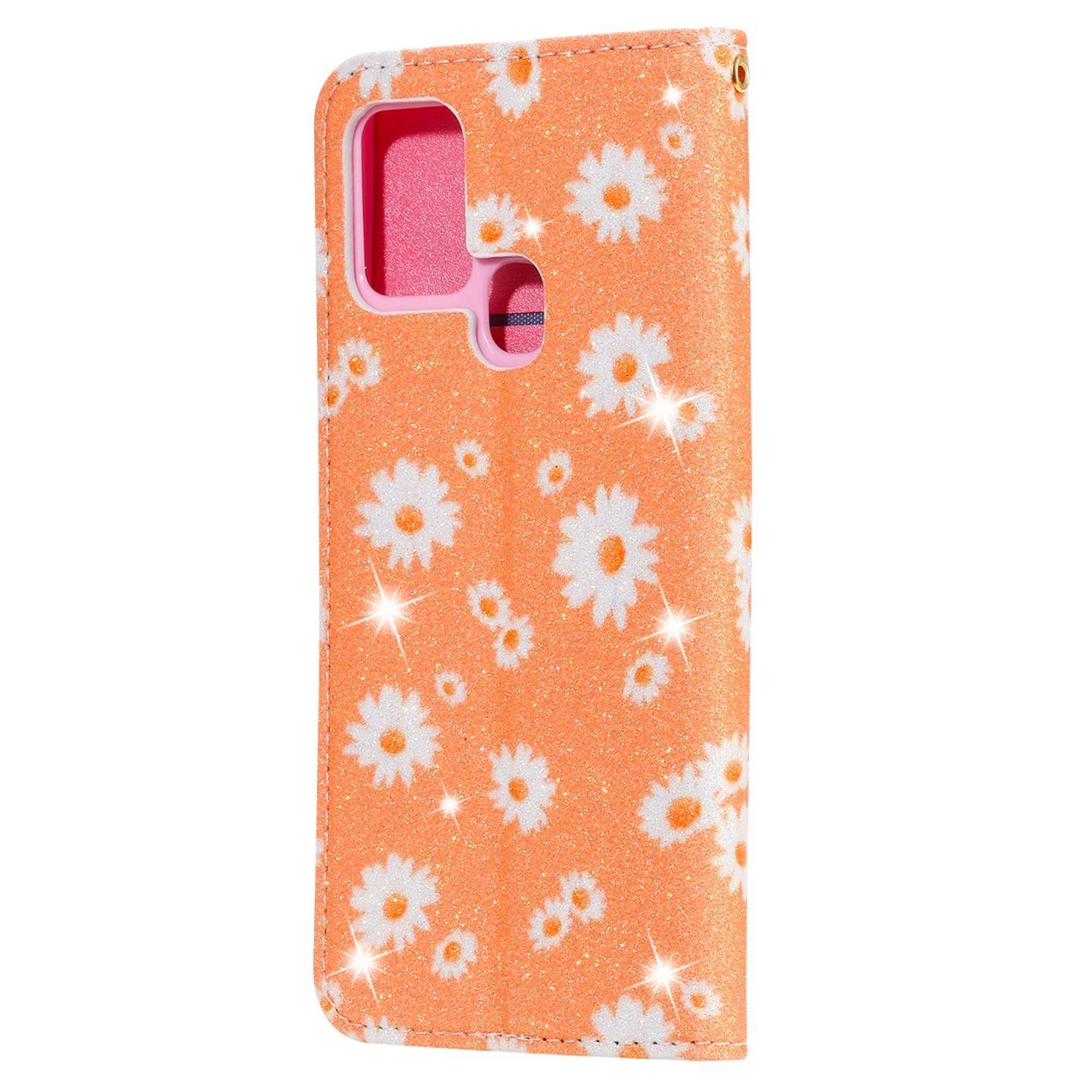 Samsung Galaxy A21s Handyhülle Schutzcase Blumen Bookcover Orange