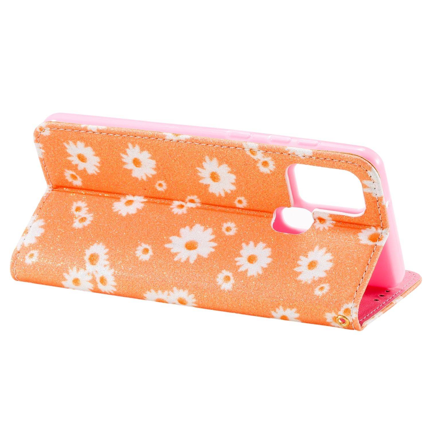 Samsung Galaxy A21s Handyhülle Schutzcase Blumen Bookcover Orange