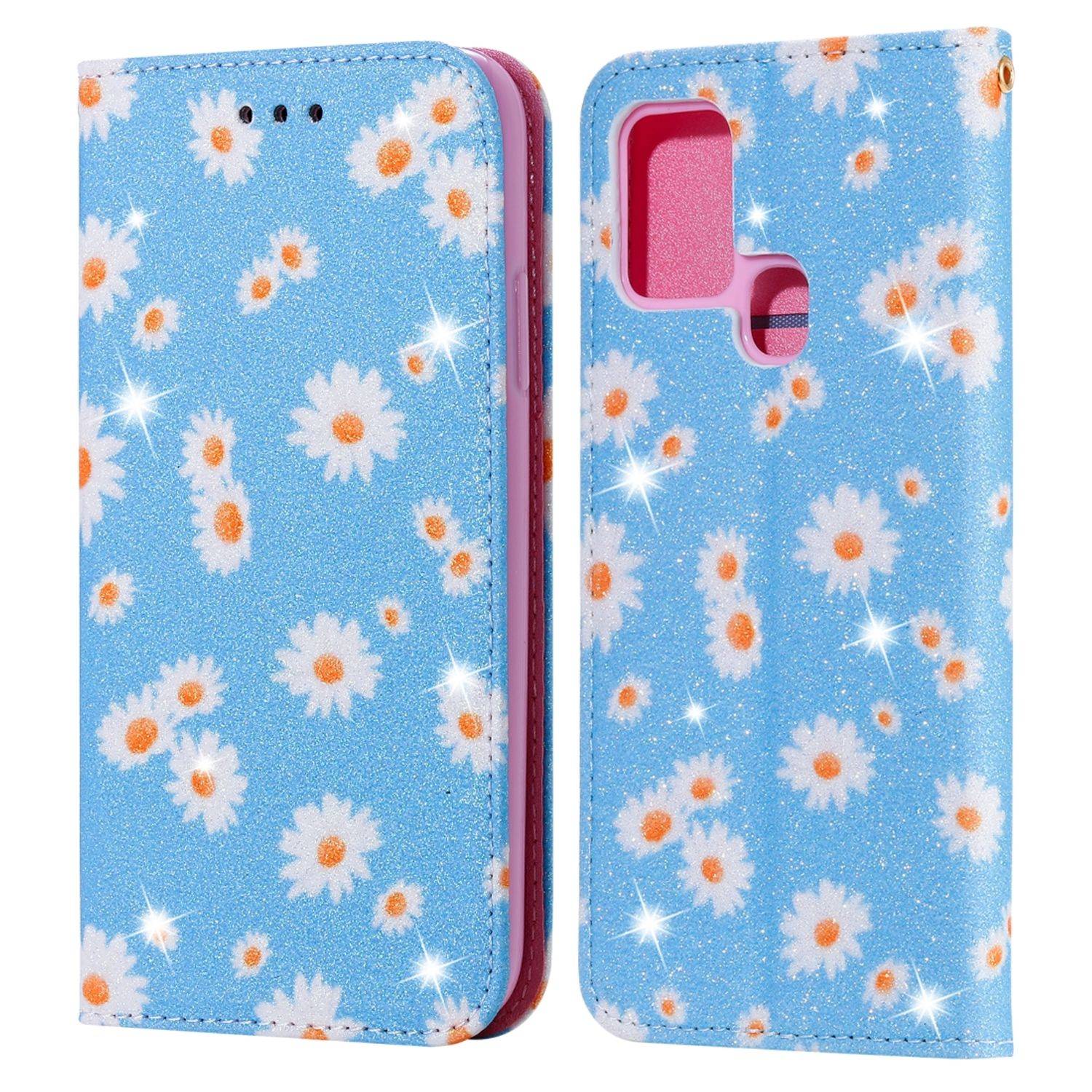 Samsung Galaxy A21s Handyhülle Schutzcase Blumen Bookcover Blau