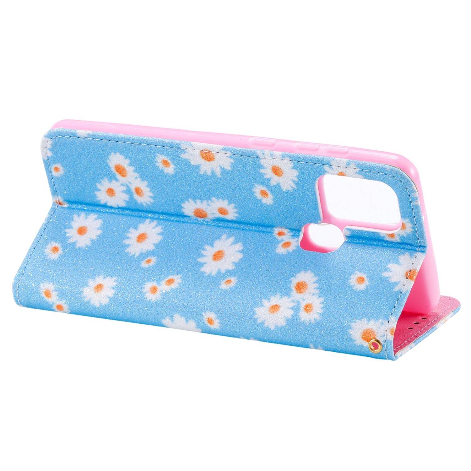 Samsung Galaxy A21s Handyhülle Schutzcase Blumen Bookcover Blau