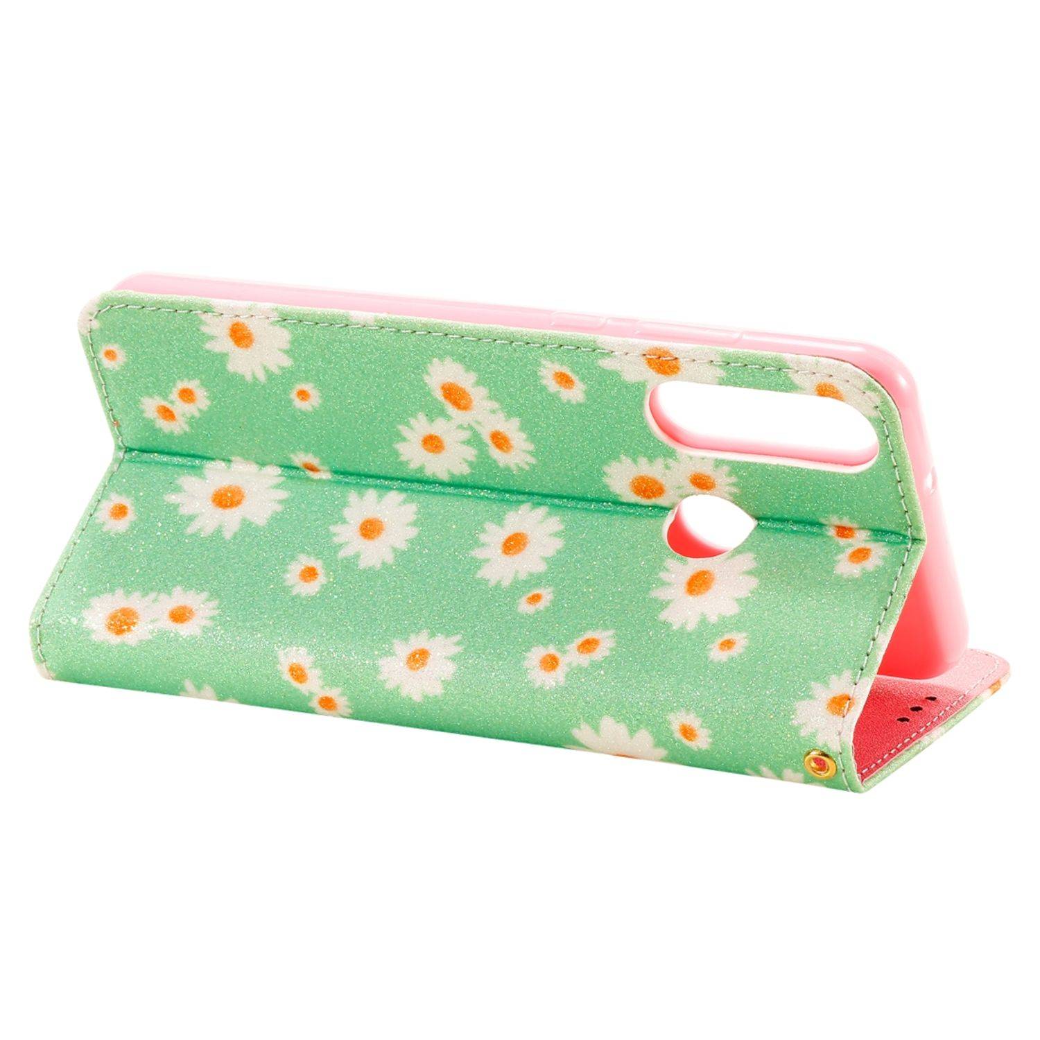 Huawei Y6p Handyhülle Schutzcase Blumen Bookcover Grün