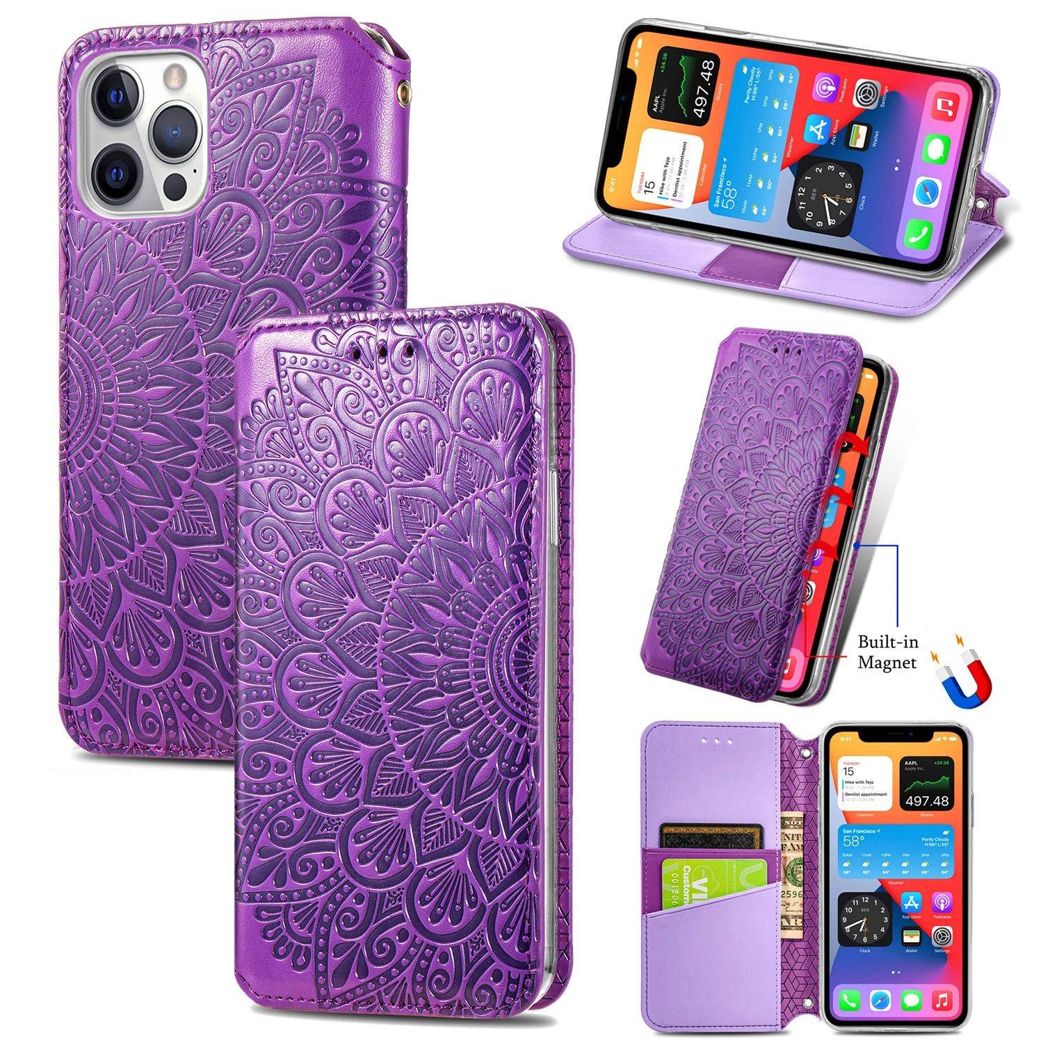Apple iPhone 12 Pro Max Handyhülle Schutztasche Mandala Bookcover Violett