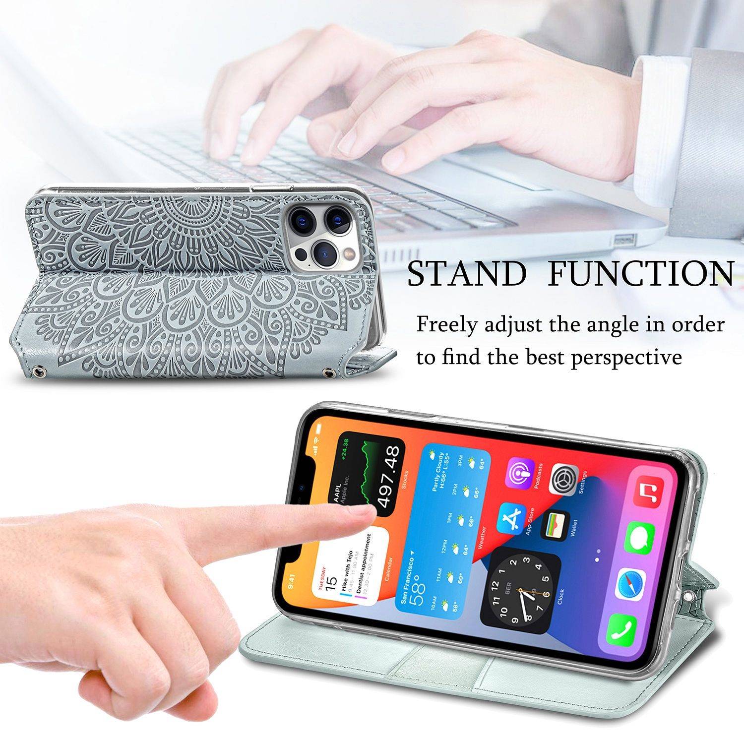 Apple iPhone 12 Pro Max Handyhülle Schutztasche Mandala Bookcover Grau