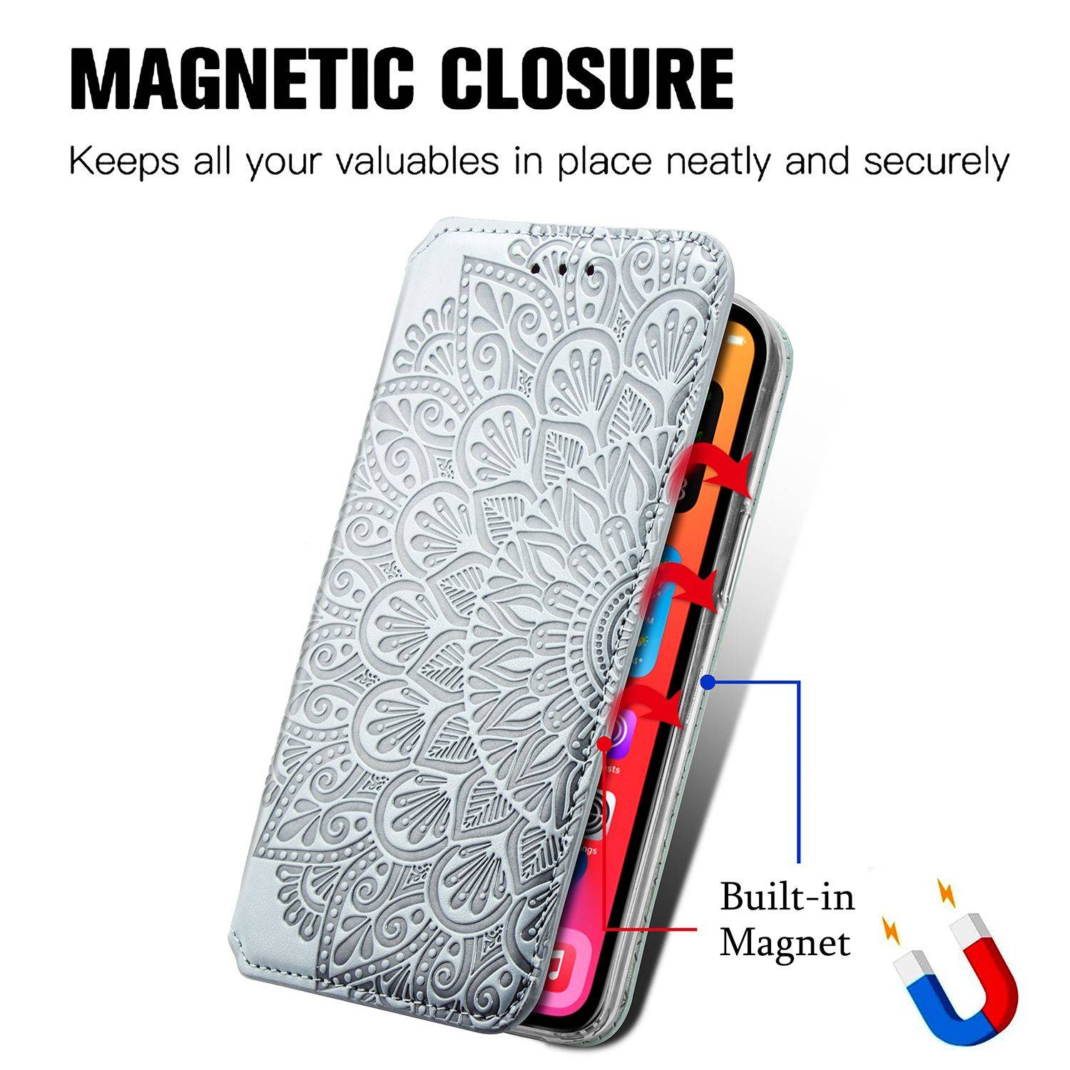Apple iPhone 12 Pro Max Handyhülle Schutztasche Mandala Bookcover Grau