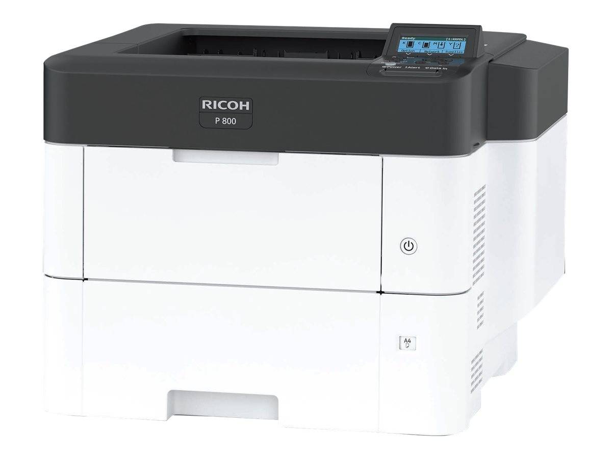 Ricoh P 800 Desktop-Laserdrucker mit schwarzer Oberseite und weißem Gehäuse, Vorderansicht auf weißem Hintergrund dargestellt.