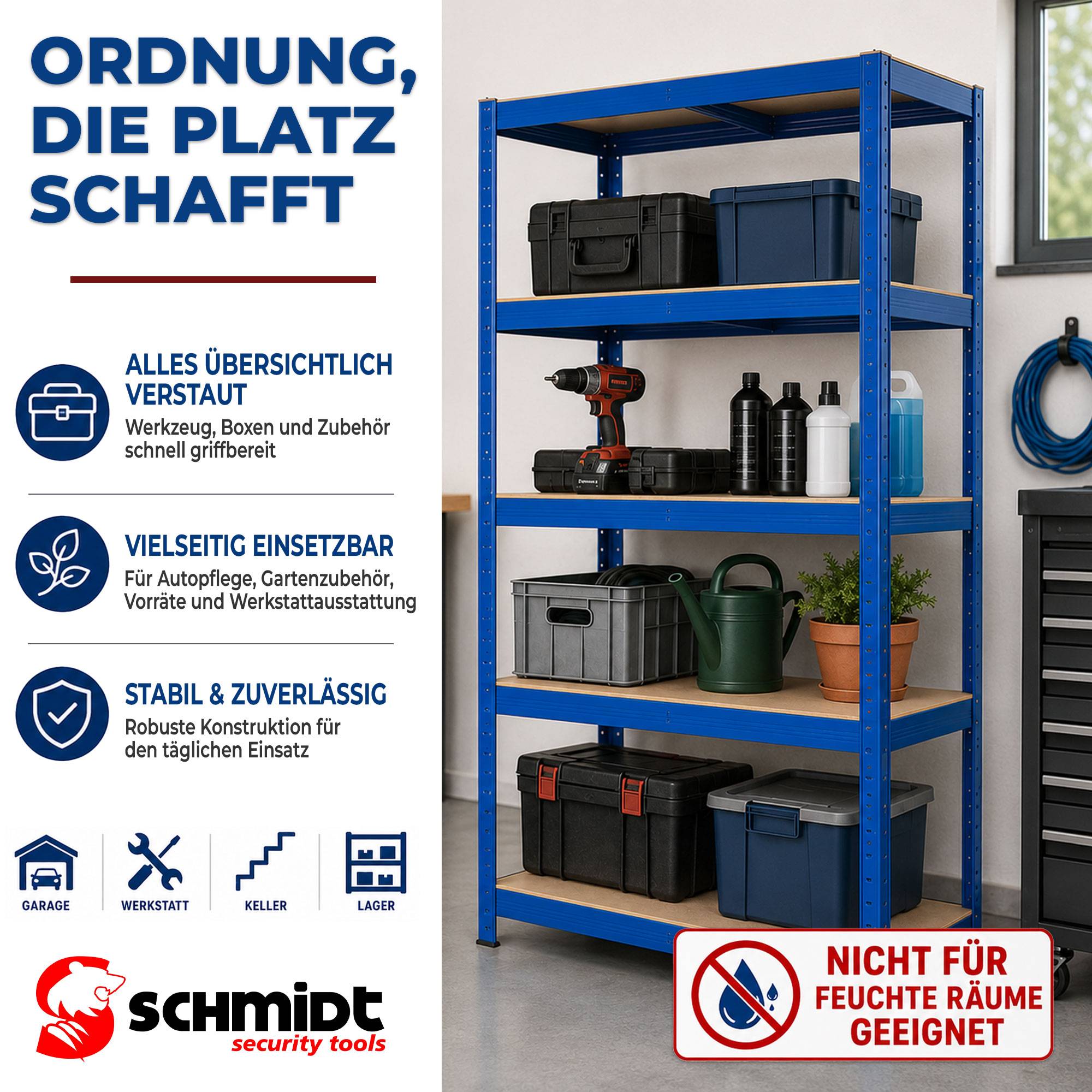 SCHMIDT security tools Schwerlastregal 180x90x45 cm - Lagerregal, Kellerregal, Werkstattregal, Metall Steckregal mit 5 HDF Böden - 275 kg je Boden