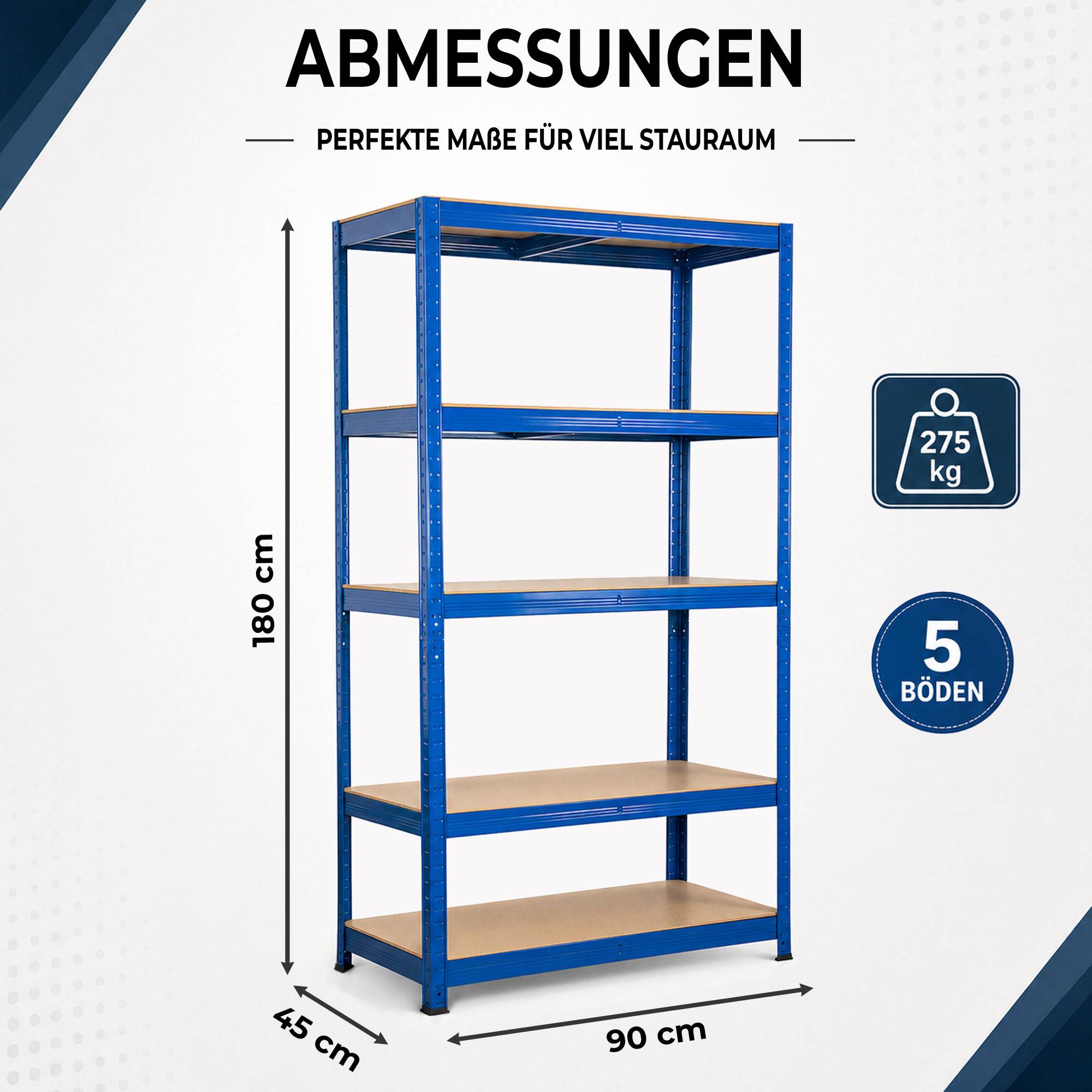 SCHMIDT security tools Schwerlastregal 180x90x45 cm - Lagerregal, Kellerregal, Werkstattregal, Metall Steckregal mit 5 HDF Böden - 275 kg je Boden