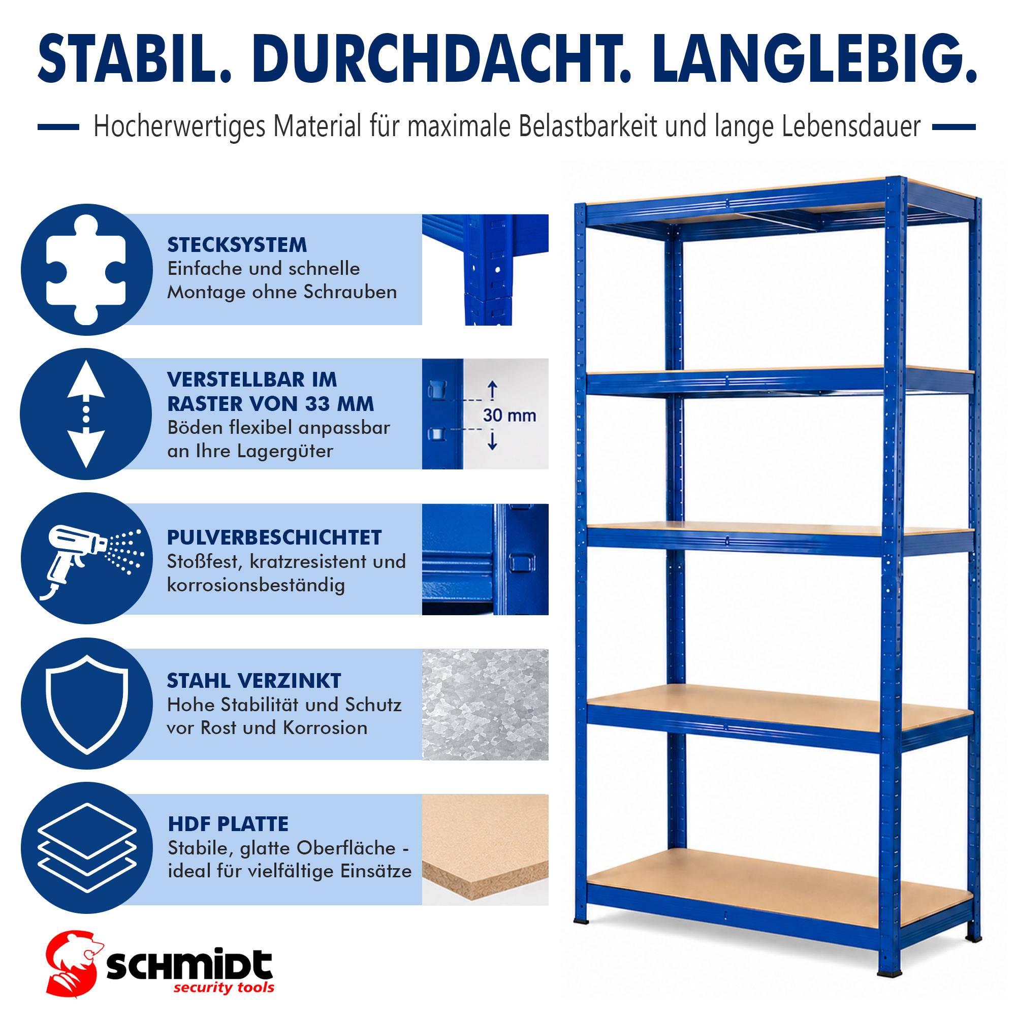 SCHMIDT security tools Schwerlastregal 180x90x45 cm - Lagerregal, Kellerregal, Werkstattregal, Metall Steckregal mit 5 HDF Böden - 275 kg je Boden