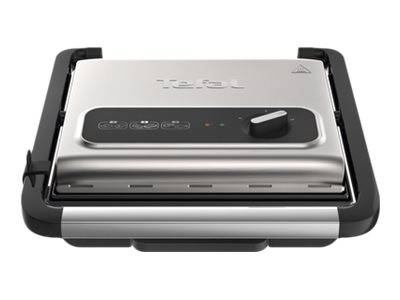 Geschlossene T-fal-Sandwichmaker mit silbernem Deckel, schwarzem Sockel und vorderer Kontrolltaste auf weißem Hintergrund.