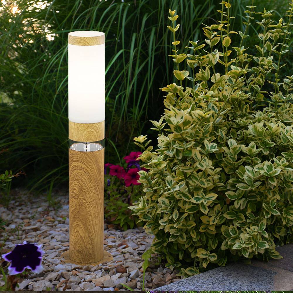 Sockelleuchte Außen rund Sockellampe Aussenbereich Edelstahl Terrassen Standleuchte, Holz Optik mit Deko LED, 1x E27, DxH 11,7 x 50 cm