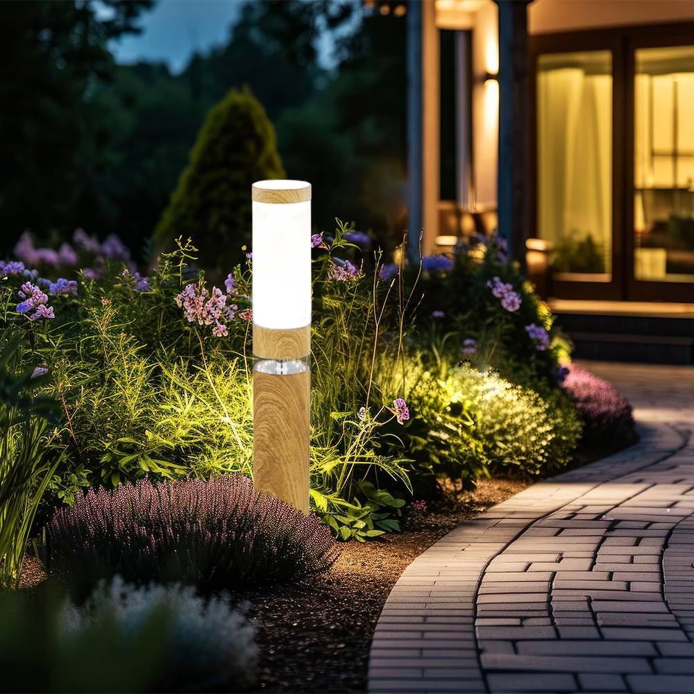 Standleuchte Sockelleuchte Außen rund Sockellampe Aussenbereich Edelstahl Terrassen, Holz Optik mit Deko LED, 1x E27, DxH 11,7 x 50 cm