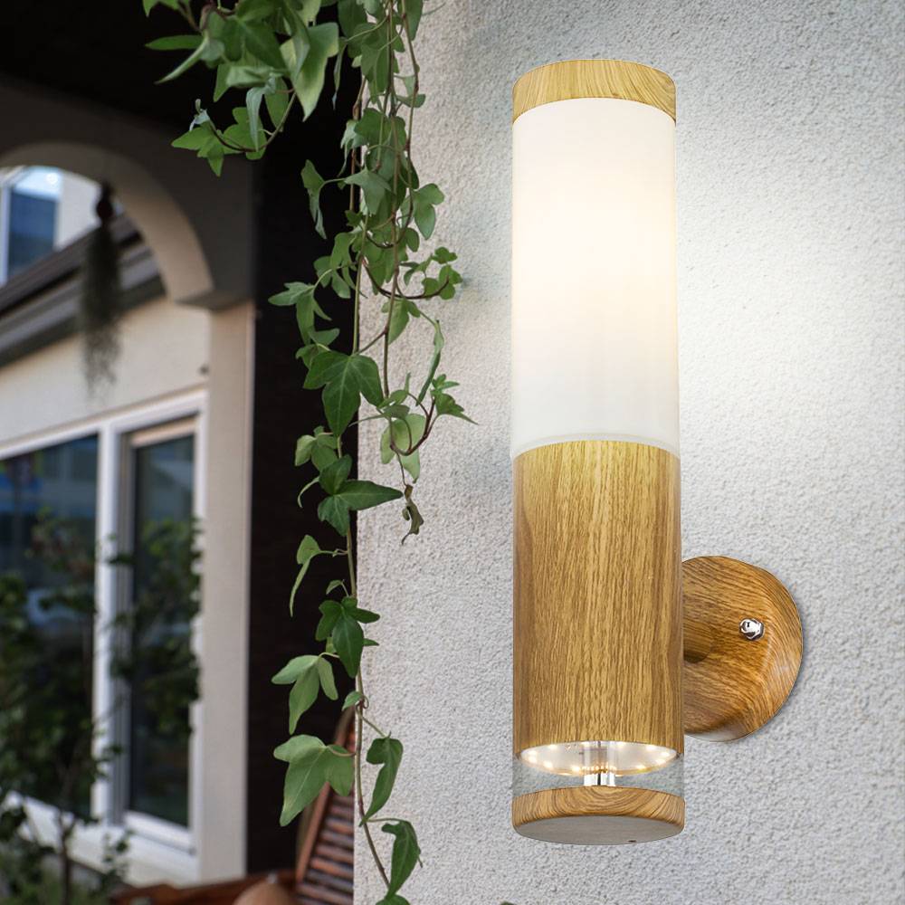 Wandleuchte Aussen Edelstahl LED Außenlampe Balkon Aussenleuchte Wand, Fernbedienung dimmbar Holz Optik mit Deko LED, 1x RGB LED 9W warmweiß, BxH