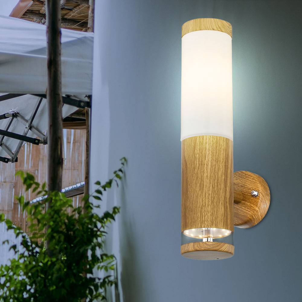 Außenlampe Wandleuchte Aussen Edelstahl LED Balkon Aussenleuchte Wand, Holz Optik mit Deko LED, 1x E27, BxH 8,5 x 35 cm
