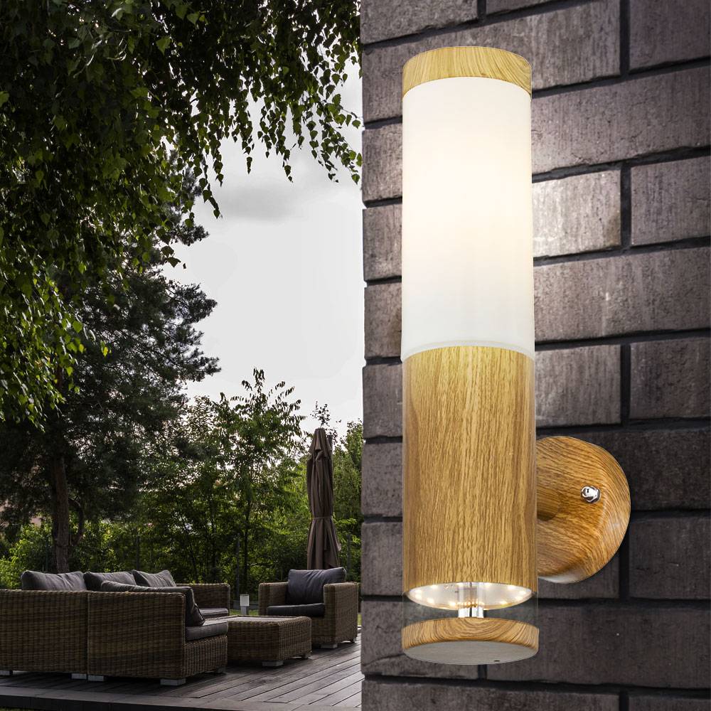 Wandleuchte Aussen Edelstahl LED Außenlampe Balkon Aussenleuchte Wand, Fernbedienung dimmbar Holz Optik mit Deko LED, 1x RGB LED 9W warmweiß, BxH