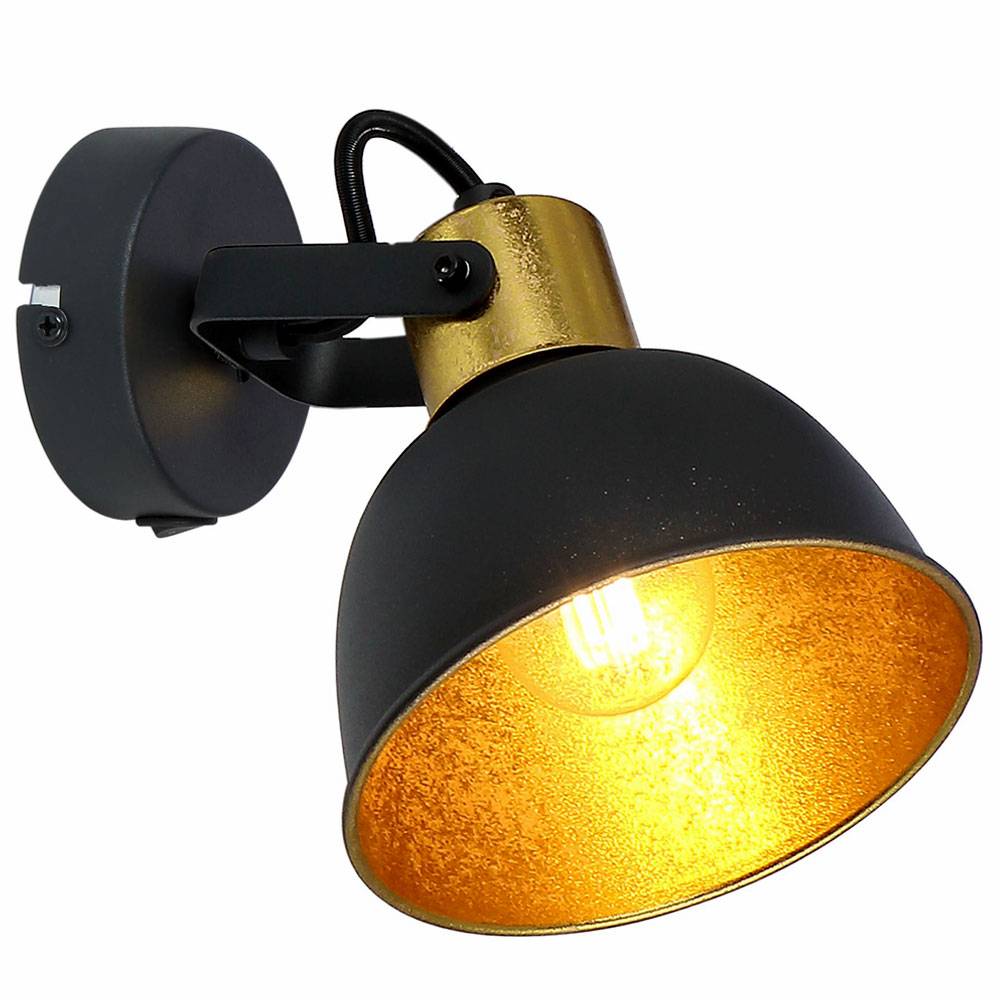 Wandleuchte schwenkbar Wandlampe Wohnzimmer schwarz Strahler Wand Modern, mit Schalter, gold Akzente, 1x E14, BxH 13x14 cm
