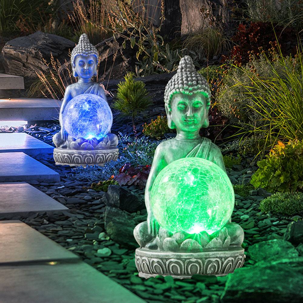 LED Solarleuchte Buddha Figur mit crackle Glaskugel Garten Terrassen Dekoration, farbwechsel, 1x LED warmweiß, H 19,5 cm, 2er Set