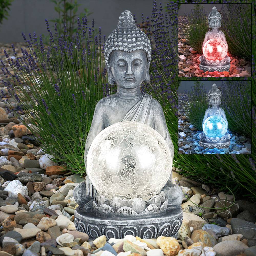 LED Solarleuchte Buddha Figur mit crackle Glaskugel Garten Terrassen Dekoration, farbwechsel, 1x LED warmweiß, H 19,5 cm, 2er Set