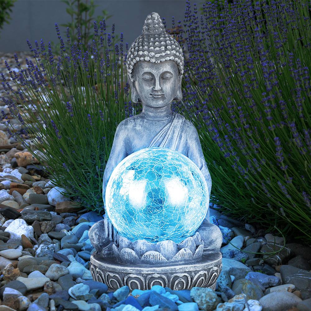 LED Solarleuchte Buddha Figur mit crackle Glaskugel Garten Terrassen Dekoration, farbwechsel, 1x LED warmweiß, H 19,5 cm, 2er Set
