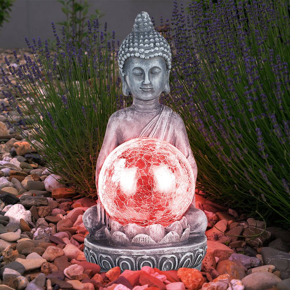 LED Solarleuchte Buddha Figur mit crackle Glaskugel Garten Terrassen Dekoration, farbwechsel, 1x LED warmweiß, H 19,5 cm, 2er Set