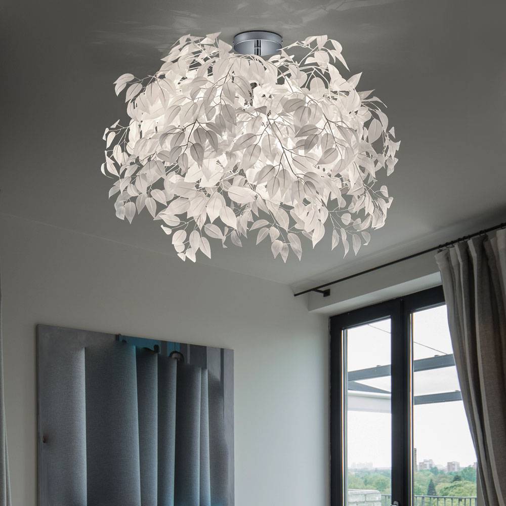 Deckenleuchte Blätter Beleuchtung Wohnzimmer Deckenlampe im Blüten Design, Chrom weiß, rund, 3x E14, DxH 70x73 cm