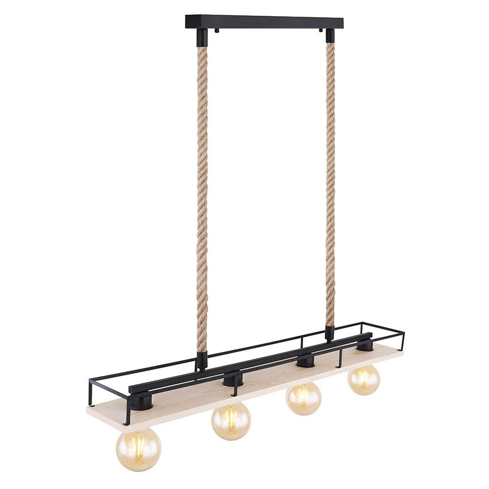 Hängelampe Holzleuchte Deckenleuchte Wohnzimmer Pendelleuchte mit Hanfseil, Platte Metallrahmen schwarz, 4x E27, LxH 95x120 cm