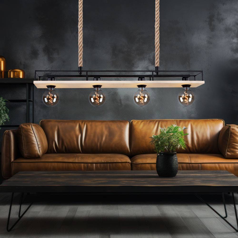 Hängelampe Holzleuchte Deckenleuchte Wohnzimmer Pendelleuchte mit Hanfseil, Metallrahmen mit Ablage schwarz, 4x E27, LxH 95x120 cm