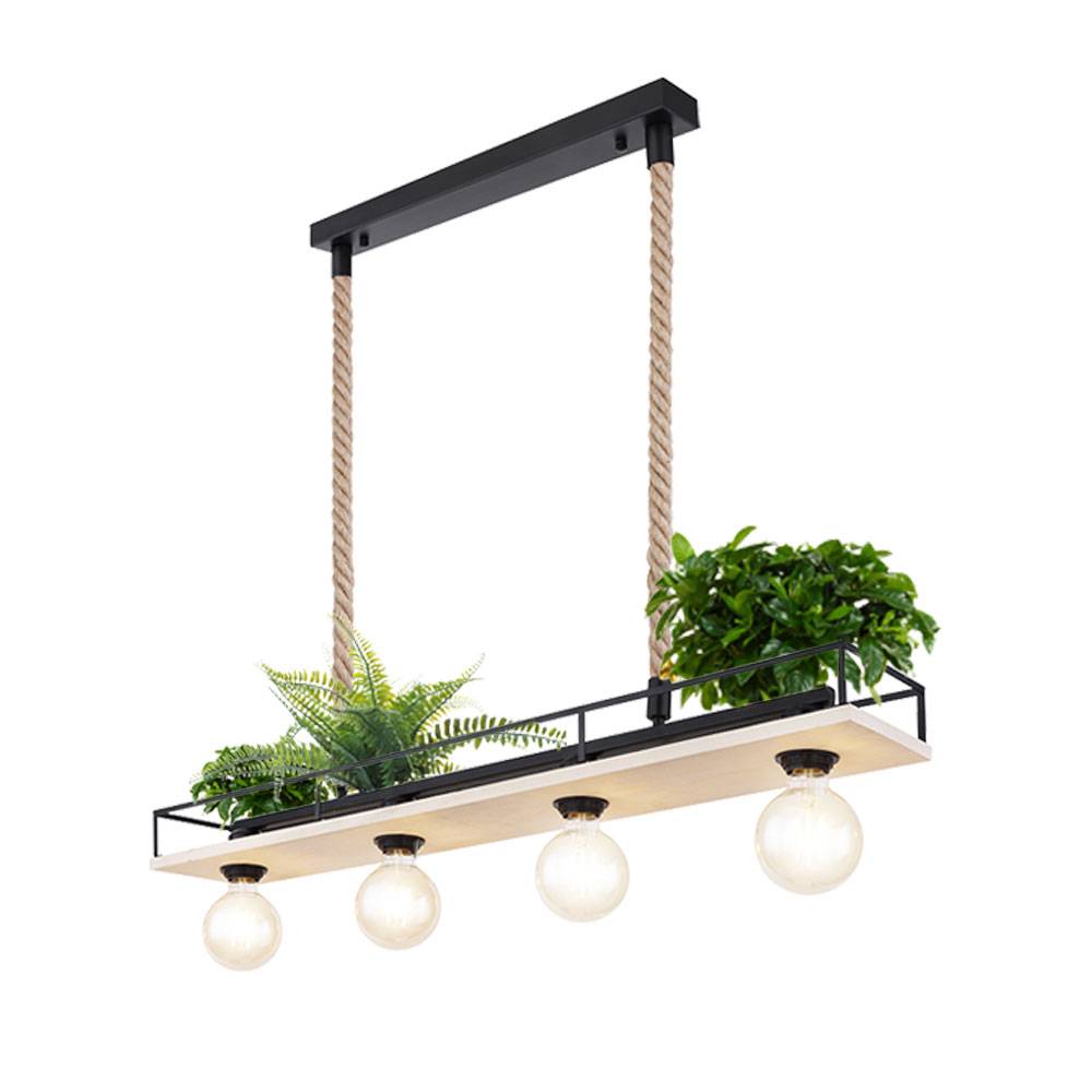 Hängelampe Holzleuchte Deckenleuchte Wohnzimmer Pendelleuchte mit Hanfseil, Metallrahmen mit Ablage schwarz, 4x E27, LxH 95x120 cm