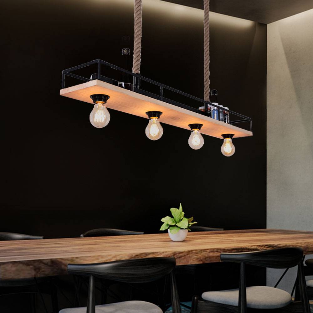 Hängelampe Holzleuchte Deckenleuchte Wohnzimmer Pendelleuchte mit Hanfseil, Metallrahmen mit Ablage schwarz, 4x E27, LxH 95x120 cm