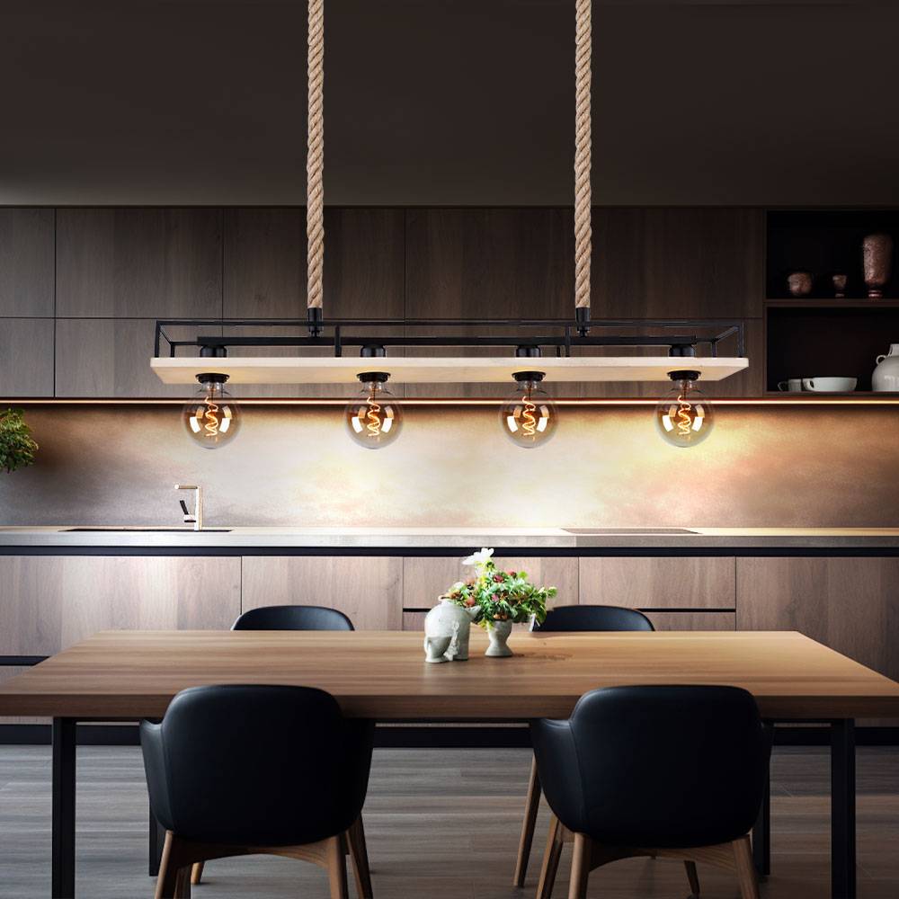 Hängelampe Holzleuchte Deckenleuchte Wohnzimmer Pendelleuchte mit Hanfseil, Metallrahmen mit Ablage schwarz, 4x E27, LxH 95x120 cm