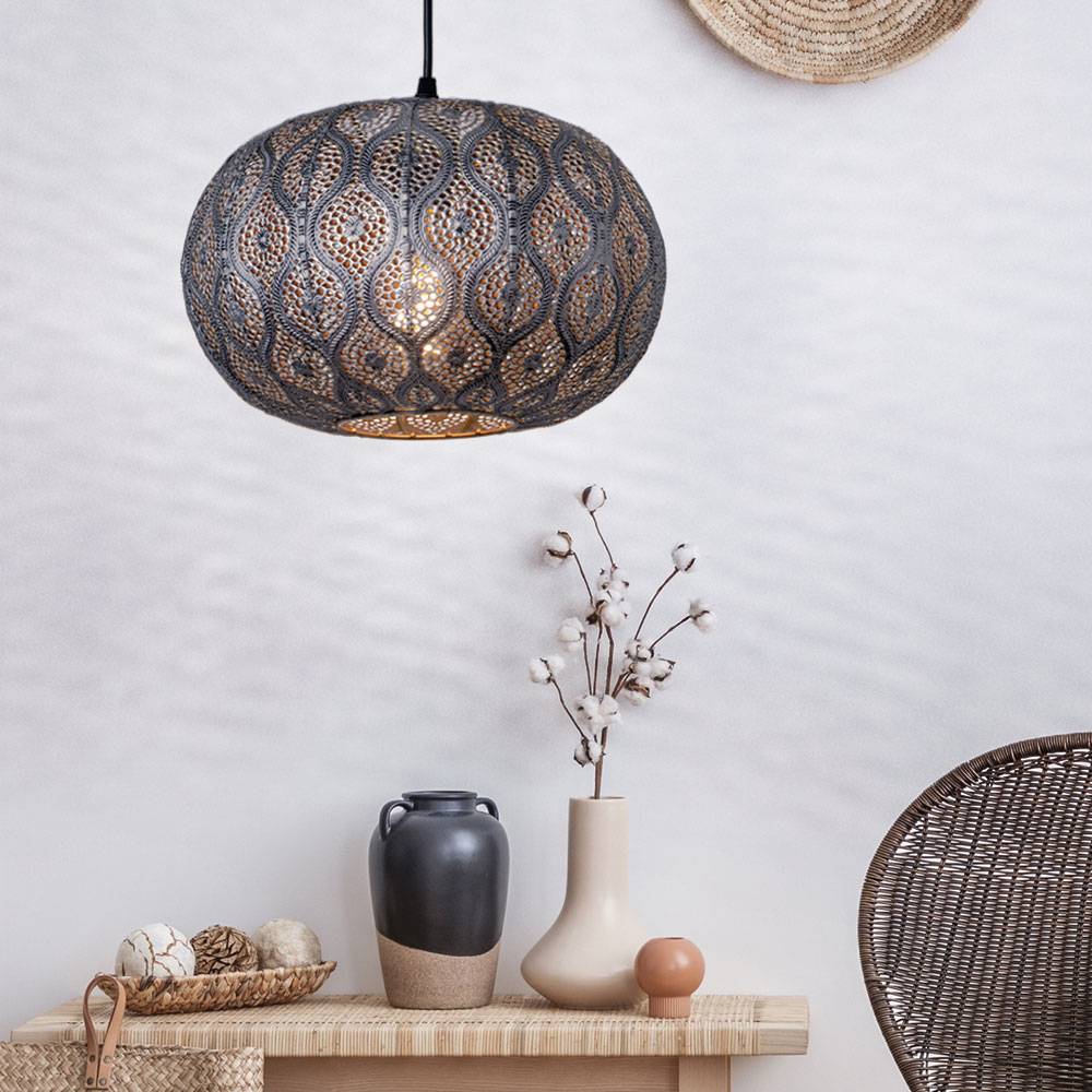 Decken Pendelleuchte im orientalischen Design Hängelampe mit rundem Lampenschirm, schwarz silber-metallic, 1x E27, DMxH 30x120cm, Wohnzimmer