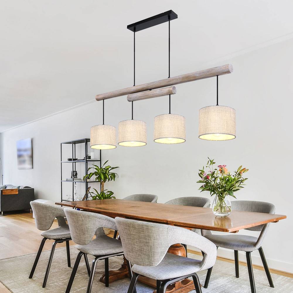 Decken Pendelleuchte Höhen verstellbar Esszimmer Decken Lampe Holz Balken rustikal, Stoff Schirme grau, Metall schwarz, LxBxH 113x18x120 cm