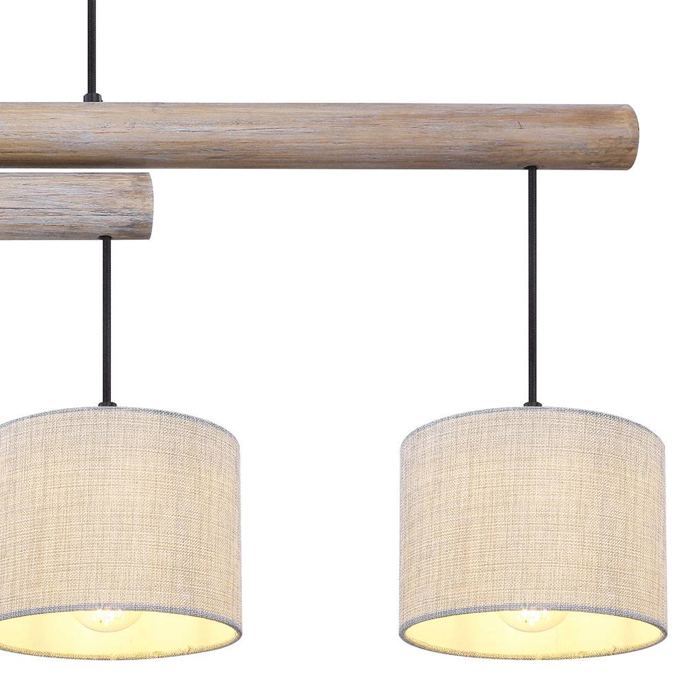 Decken Pendelleuchte Höhen verstellbar Esszimmer Decken Lampe Holz Balken rustikal, Stoff Schirme grau, Metall schwarz, LxBxH 113x18x120 cm
