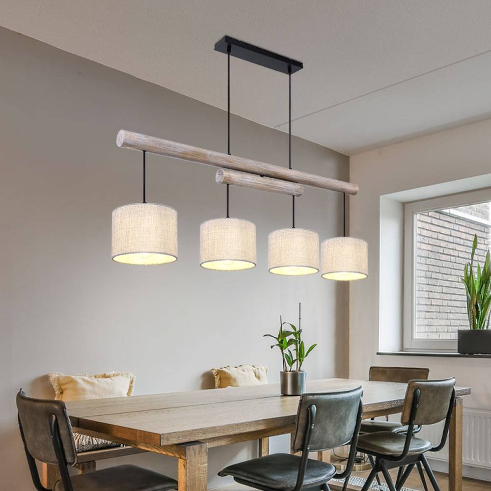Decken Pendelleuchte Höhen verstellbar Esszimmer Decken Lampe Holz Balken rustikal, Stoff Schirme grau, Metall schwarz, LxBxH 113x18x120 cm