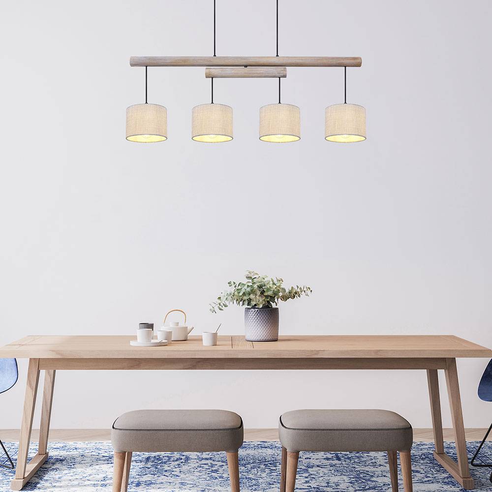 Decken Pendelleuchte Höhen verstellbar Esszimmer Decken Lampe Holz Balken rustikal, Stoff Schirme grau, Metall schwarz, LxBxH 113x18x120 cm